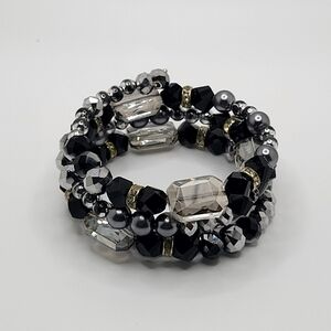 Silver Tone Black Clear Glass Stone Bead Memory Wire Wrap Bracelet